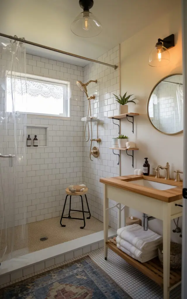 A photo of a small modern cottagecore bathroom with all the functional essentials. The bathroom has a clear, transparent shower curtain that makes the space feel open and airy. The shower area has white subway tiles with delicate brass fixtures, a rainfall showerhead, a stool, and recessed shelves with essentials. The rest of the bathroom includes a compact vanity with a wooden countertop, a round framed mirror, and small floating shelves holding potted plants and neatly folded towels. The floor has an area rug, and the ceiling has pendant warm lighting. Soft natural light streams in through a small window with lace trim, giving the space a fresh, charming, and welcoming vibe.
