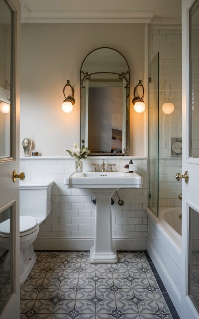 A photo of a small, modern Victorian bathroom with a sleek pedestal sink that keeps the floor fully visible, making the space feel larger. The bathroom has classic Victorian touches like subtle wainscoting, patterned floor tiles, and an arched mirror with ornate detailing. The room has a toilet and a sleek bathtub. Soft, warm lighting highlights the polished brass faucet and a few carefully placed essentials on the countertop. The open floor space emphasizes the room's compact charm while blending modern functionality with Victorian elegance.