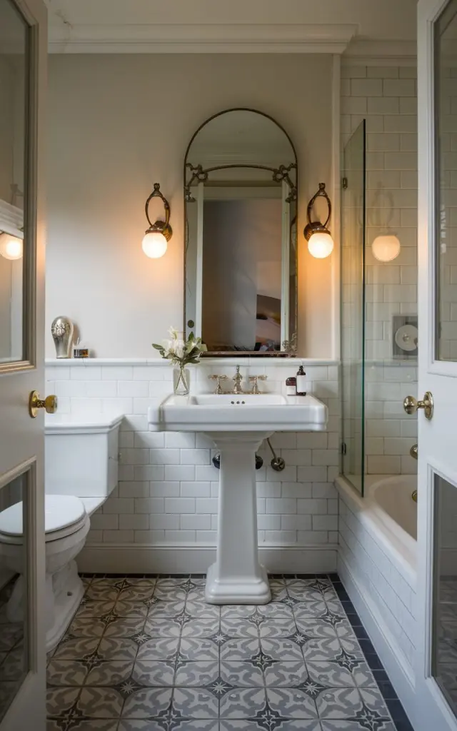 A photo of a small, modern Victorian bathroom with a sleek pedestal sink that keeps the floor fully visible, making the space feel larger. The bathroom has classic Victorian touches like subtle wainscoting, patterned floor tiles, and an arched mirror with ornate detailing. The room has a toilet and a sleek bathtub. Soft, warm lighting highlights the polished brass faucet and a few carefully placed essentials on the countertop. The open floor space emphasizes the room's compact charm while blending modern functionality with Victorian elegance.