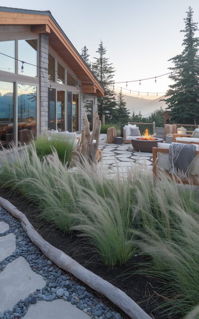 A photo of a stylish backyard at dawn with a modern chalet-style house as its backdrop. The backyard is a blend of Alpine chic and coastal aesthetics. There are large glass windows and timber accents on the house. The landscape features layered tall grasses in varying heights, creating a soft, breezy texture. The grasses sway gently in the wind, set against natural stone edging. Driftwood sculptures and pebble paths enhance the coastal feel. There is warm wood furniture, a firepit with plush seating, and cozy knit throws. String lights are hung overhead, and a view of distant mountains peeks through. The space feels serene, stylish, and refreshingly natural.