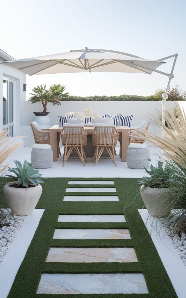 A photo of a coastal chic backyard with a green artificial turf lawn and clean stone pavers leading to a whitewashed patio area. There is a sleek dining setup with a teak table, rattan chairs, and blue-striped cushions under a large white umbrella. Soft coastal touches like seashell planters, linen throws, and pale driftwood accents complete the look. Potted succulents and ornamental grasses surround the turf, swaying gently in the breeze. The setting is crisp, carefree, and ready for barefoot gatherings by the sea.