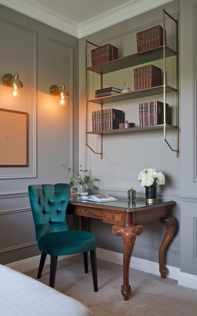 A photo of a home office corner with a repurposed vintage table transformed into a charming desk. The desk has intricate carved legs and a rich mahogany finish, topped with a sleek glass surface. A tufted velvet chair in deep emerald complements the desk and is placed on a soft gray wall with subtle molding details, a corkboard, and brass wall sconces emitting warm light. A minimalist bookshelf holds leather-bound books and decorative accents, balancing ornate Victorian charm with clean, modern lines for a timeless workspace. The surrounding space includes a bed.