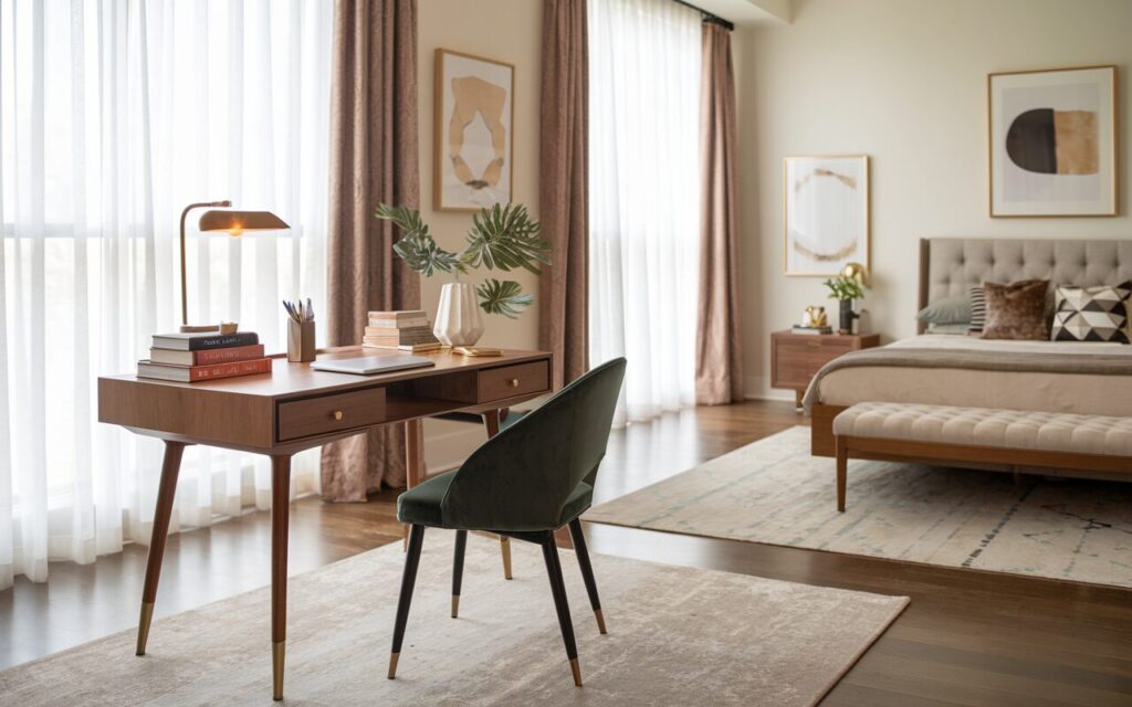 A photo of a stylish home office seamlessly tucked into a corner of a mid-century modern and chic bedroom. The space features warm wood tones, tapered furniture legs, and brass accents. A sleek walnut writing desk with minimalist lines sits near a large window with sheer curtains, paired with a velvet upholstered chair in a soft blush or emerald tone. The desk has a lamp (warm light on), a laptop, a stack of books, a pen holder, a leather-bound journal, a small plant, etc. The bedroom includes a platform bed with a tufted headboard, geometric patterns on accent pillows, and a cozy area rug in muted tones. Modern art on the walls, subtle gold decor, and natural light complete the serene yet sophisticated atmosphere. The overall aesthetic is clean, functional, and effortlessly elegant. The photo has a soft, filtered natural light.