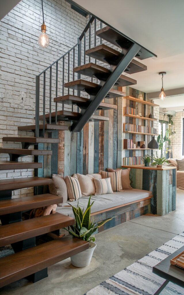 A photo of a stylish industrial chic house interior with a staircase that perfectly blends raw metal and warm wood elements. The stairs have thick wooden treads supported by black steel stringers and open risers, creating an airy feel. Beneath the stairs, there’s a cozy reading nook with a built-in wooden bench, plush cushions, and shelving made from reclaimed wood with books. Exposed brick walls, Edison bulb pendant lights, and concrete flooring complete the space, giving it an edgy yet inviting vibe. The area is well-decorated with plants, books, and textured textiles for a lived-in, curated look.