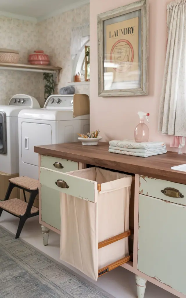 A photo of a stylish laundry room with a mid-century modern structure and shabby chic charm. There is a walnut-toned floating counter with a built-in pull-out hamper drawer. The drawer contains a soft canvas laundry bag inside a pastel-painted cabinet with classic mid-century tapered legs, distressed white paint, and vintage brass handles. The counter holds a ceramic dish for clothespins, a stack of floral linen towels, and a blush-pink glass spray bottle. The wall is adorned with pale floral wallpaper, and a retro-style laundry print in a worn wooden frame hangs nearby. The room contains a dryer and washer, a stepping stool, an area rug, and a curtained window. The photo focuses on the hamper.