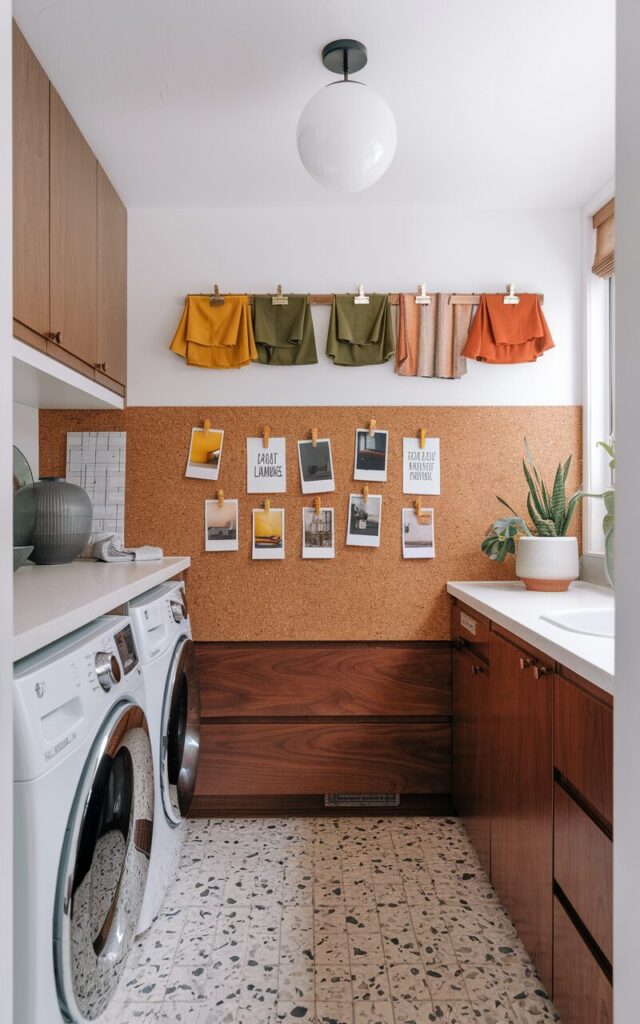 A stylish mid-century modern laundry room featuring walnut cabinetry, terrazzo flooring, and sleek white appliances. Above the folding counter, a cork strip runs horizontally along the backsplash. Clipped to the cork are playful laundry memes, Polaroid-style snapshots of interior design inspiration, and neatly cut fabric swatches in retro tones—mustard yellow, olive green, and burnt orange. The space is accented with geometric art, a globe pendant light, and a houseplant in a ceramic pot. Clean lines, warm wood, and pops of personality give the space charm and character.