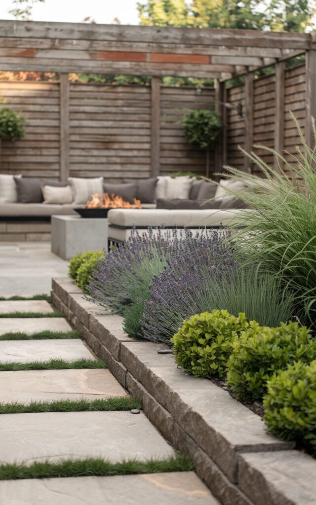 A photo of a modern rustic backyard with a low garden border made of uneven stone pavers. The garden beds are filled with low-maintenance greenery like lavender, boxwood, and ornamental grasses. In the background, a weathered wood pergola shades a modern lounge area with neutral-toned cushions and a fire pit. The overall scene has a warm and grounded atmosphere.