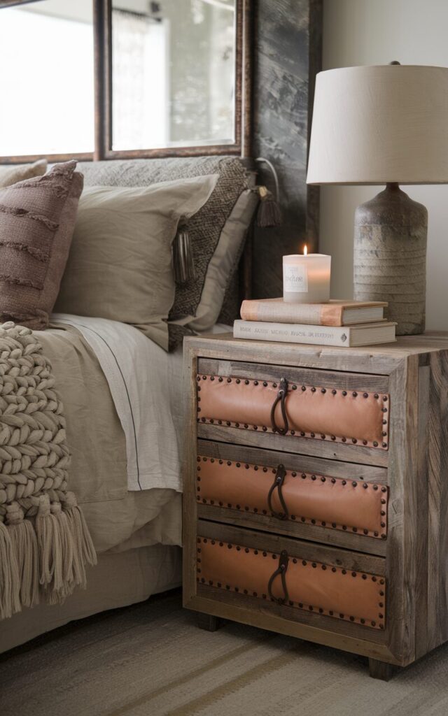 A photo of a chic bedroom with a modern rustic style. The room features a bed with stonewashed sheets, chunky throws, and earthy-toned accent pillows. A reclaimed wood nightstand with drawers is placed next to the bed. The nightstand has smooth tan leather pulls fastened with matte black studs. On top of the nightstand, there's a ceramic lamp, a scented candle, and a stack of linen-bound books. The room has a mix of raw textures and polished details, giving it a soulful and sophisticated vibe.