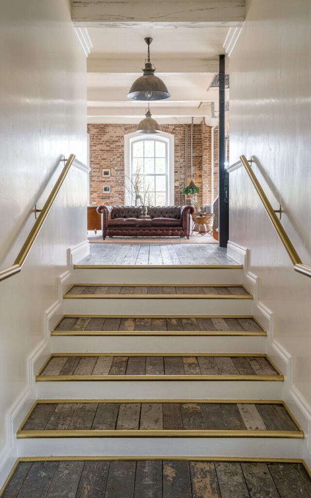 A photo of a shabby chic + industrial-style house hallway with a sleek brass trim along each step of the staircase. The treads are reclaimed wood with a weathered finish. The staircase leads to a cozy living room in the background, furnished with exposed brick walls, vintage leather sofas, and metal light fixtures. Soft natural light filters in, highlighting the unique blend of rustic charm and polished industrial details throughout the space.