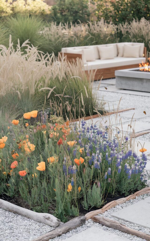 A photo of a sun-soaked California coastal luxe backyard. There is a curated wildflower patch in a natural corner, attracting butterflies and bees. The patch is filled with native flowers like California poppies, lupines, and yarrow. The patch is surrounded by white gravel paths, driftwood edging, and tall ornamental grasses swaying in the breeze. Nearby, there is a sleek teak lounge area with cream cushions and a fire pit, adding a touch of luxury. The vibe is effortlessly chic, where nature and sophistication coexist in perfect harmony.