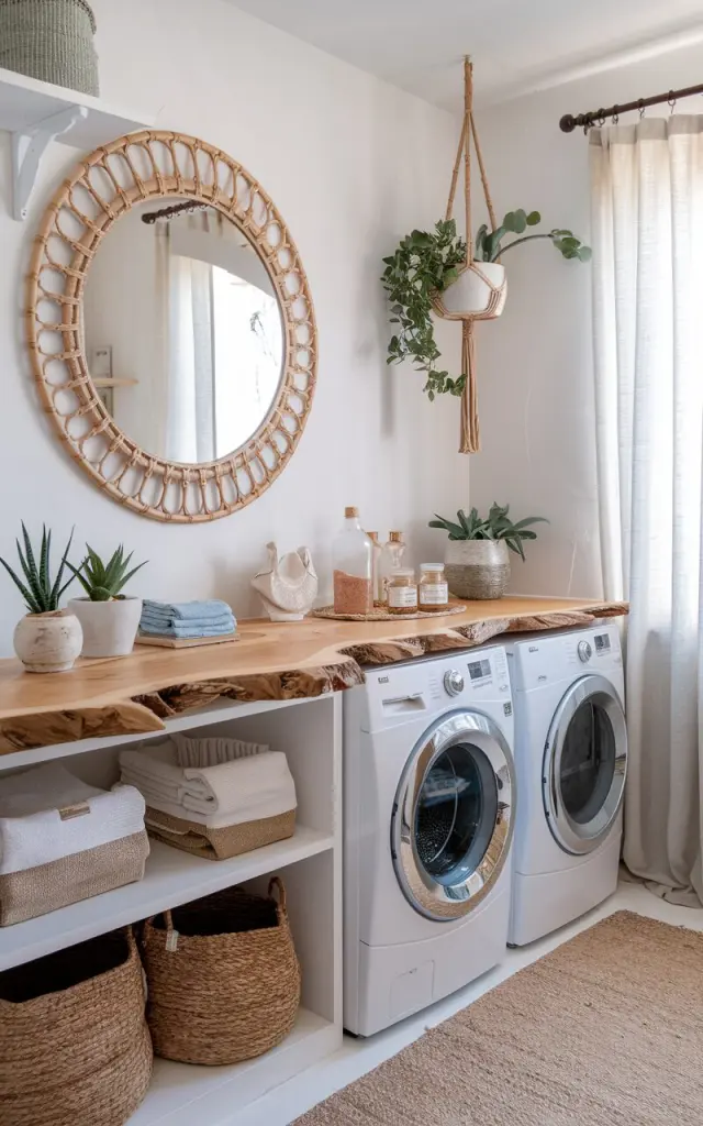 A photo of a modern boho-style laundry room with whitewashed walls and light oak accents. The room has a sunlit coastal ambiance. A large, rounded rattan-framed mirror hangs above a floating shelf. Below the mirror, a front-load washer and dryer sit side by side, topped with a live-edge wood countertop. The countertop holds essentials like woven baskets, folded Turkish towels, and glass jars of detergent. The room has potted succulents, a hanging macramé planter, and a jute rug. Light linen curtains flutter slightly from a nearby window.