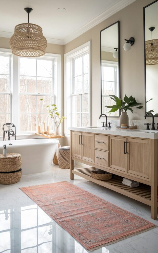 A photo of a traditional Scandi modern full bathroom with a light, reflective rug that brightens the space and makes it feel larger. The bathroom features a freestanding tub, a wooden vanity with clean lines, and matte black fixtures, blending classic and modern Scandinavian design. Natural light pours in through large windows, reflecting off the bright designer rug and subtle neutral-toned walls. Accents like woven baskets, potted greenery, and minimal décor items complete the look, creating a fresh, airy, and inviting atmosphere in a fully furnished bathroom.