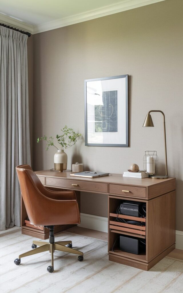 A photo of a transitional-style home office with a balanced blend of classic and contemporary design. The desk is a sleek, walnut-toned piece with clean lines and subtle detailing, set against a neutral-toned wall. Underneath and along the back edge of the desk, cords are neatly hidden using smart cable organisers—velcro straps, adhesive clips, and a slim cable management box—all in muted tones that blend with the décor. A leather swivel chair, brushed brass lamp, and minimalist framed artwork enhance the polished yet inviting vibe. The workspace feels effortlessly tidy, with no distracting cable clutter in sight.