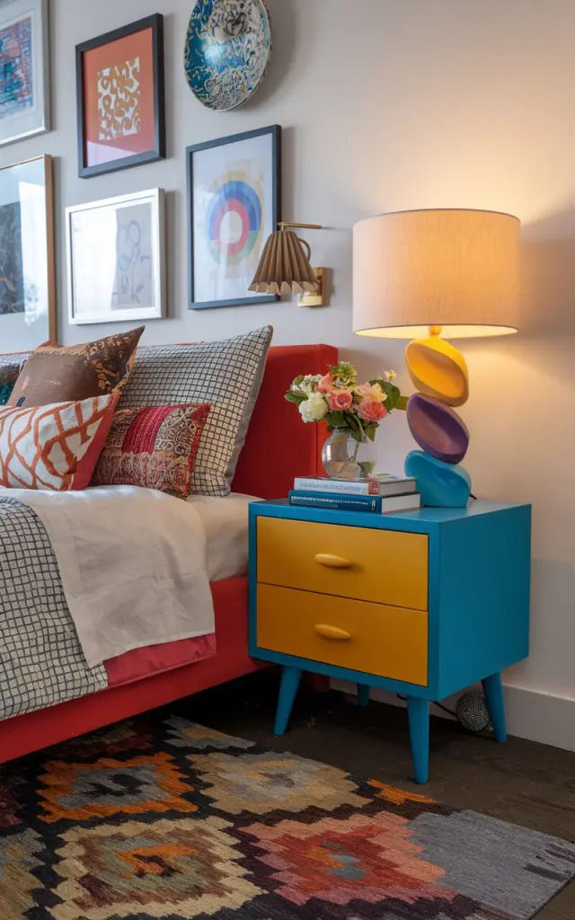 A photo of a vibrant maximalist and mid-century modern bedroom. The room is bursting with color, pattern, and personality. There is an electric blue and mustard yellow nightstand next to the bed with a sculptural lamp, a quirky book stack, and a mini vase with fresh blooms on top. The bed is layered with patterned pillows and contrasting textures. There is a gallery wall art and an oversized rug in the room. The colorful nightstand adds playful contrast and proves no piece is too small to make a statement. The room is lit only by the lamp, with no natural light.