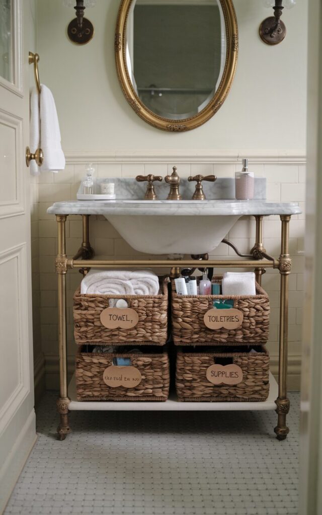 A vintage + chic bathroom with woven baskets neatly placed under the vanity, each featuring a small wooden tag with bold font: “Towels,” “Toiletries,” and “Cleaning Supplies,” and essentials inside it. The vanity has a marble countertop, ornate brass faucet, and an oval gold-framed mirror above it. The floor features classic black-and-white checker tiles, while the walls are painted in a soft pastel hue. Show close view of the baskets with labels.