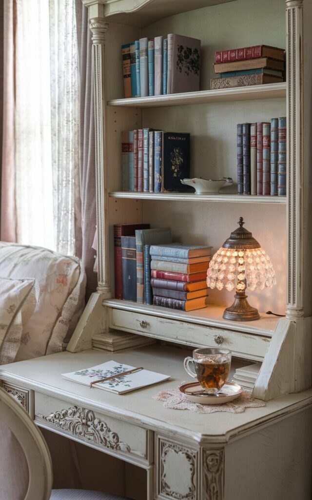 A photo of a vintage chic home office nook near the bedroom, softly illuminated by natural light. There is a distressed ivory bookshelf beside a carved writing desk. The bookshelf holds a curated selection of favorite books in faded covers and cloth bindings. Some titles are stacked horizontally with a porcelain trinket dish on top, while others are vertically arranged with antique bookends. The desk features floral-printed stationery, a crystal table lamp with warm light on, and a cup of herbal tea on a lace doily. The space has muted pastels, gentle textures, and timeworn finishes, giving it a romantic, collected feel.