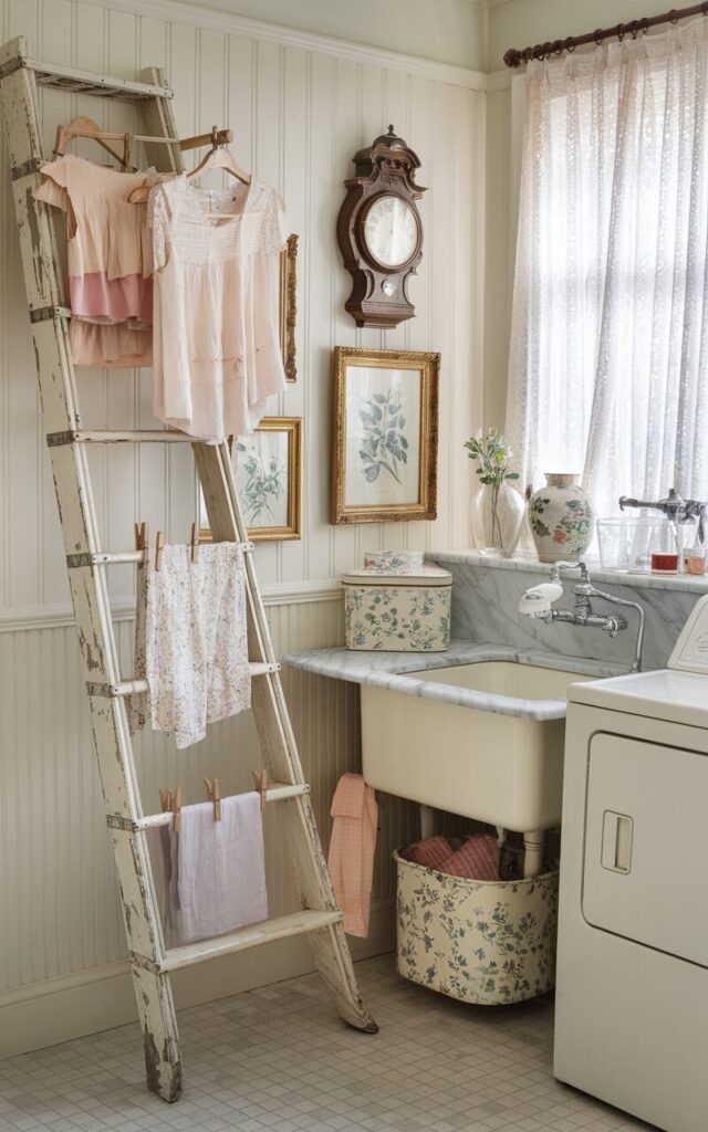 A photo of a vintage chic laundry room with creamy white beadboard walls and soft pastel accents. There's an old wooden ladder leaned against the wall with chipped white paint, which serves as a charming drying rack. Delicate linen tops and floral cotton garments hang from wooden clothespins clipped along the rungs. Near the ladder, a marble-topped counter holds glass jars with laundry soap, a porcelain sink, and a vintage floral tin for clothespins. An antique wall clock and botanical prints in gold frames add elegance. The floor is laid with soft checkered tiles, and lace curtains let in natural light for a gentle, dreamy vibe. The room also has a dryer and washer.
