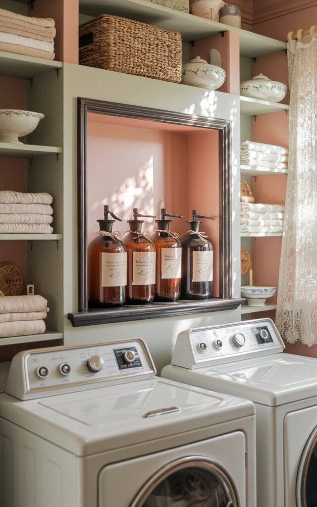 A photo of a vintage laundry room with soft pastel walls and classic white front-loading machines. A small recessed wall niche with dark wood trim showcases a curated arrangement of 3-4 amber glass bottles filled with laundry liquids—detergent, fabric softener, and stain remover—each topped with vintage-style metal caps. The bottles have minimalist, handwritten-style labels tied with twine. Surrounding the niche, open wooden shelves hold neatly folded linens, woven baskets, and antique porcelain soap dishes. Soft sunlight filters through lace curtains, highlighting the warm, nostalgic atmosphere and elegant simplicity of the space.