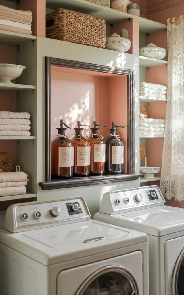 A photo of a vintage laundry room with soft pastel walls and classic white front-loading machines. A small recessed wall niche with dark wood trim showcases a curated arrangement of 3-4 amber glass bottles filled with laundry liquids—detergent, fabric softener, and stain remover—each topped with vintage-style metal caps. The bottles have minimalist, handwritten-style labels tied with twine. Surrounding the niche, open wooden shelves hold neatly folded linens, woven baskets, and antique porcelain soap dishes. Soft sunlight filters through lace curtains, highlighting the warm, nostalgic atmosphere and elegant simplicity of the space.