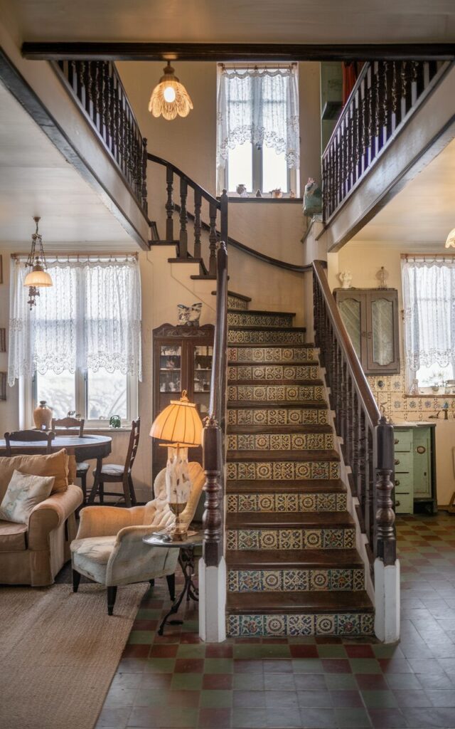 A photo of a vintage-style house interior. The living room has a couch, a chair, and a lamp. The kitchen has a table, chairs, and a cabinet. The staircase connects the two rooms and has colorful patterned ceramic tiles on the treads. The stairs have dark wood railings and white risers. The walls have lace curtains, and there are antique lighting fixtures. The overall atmosphere is warm and nostalgic.