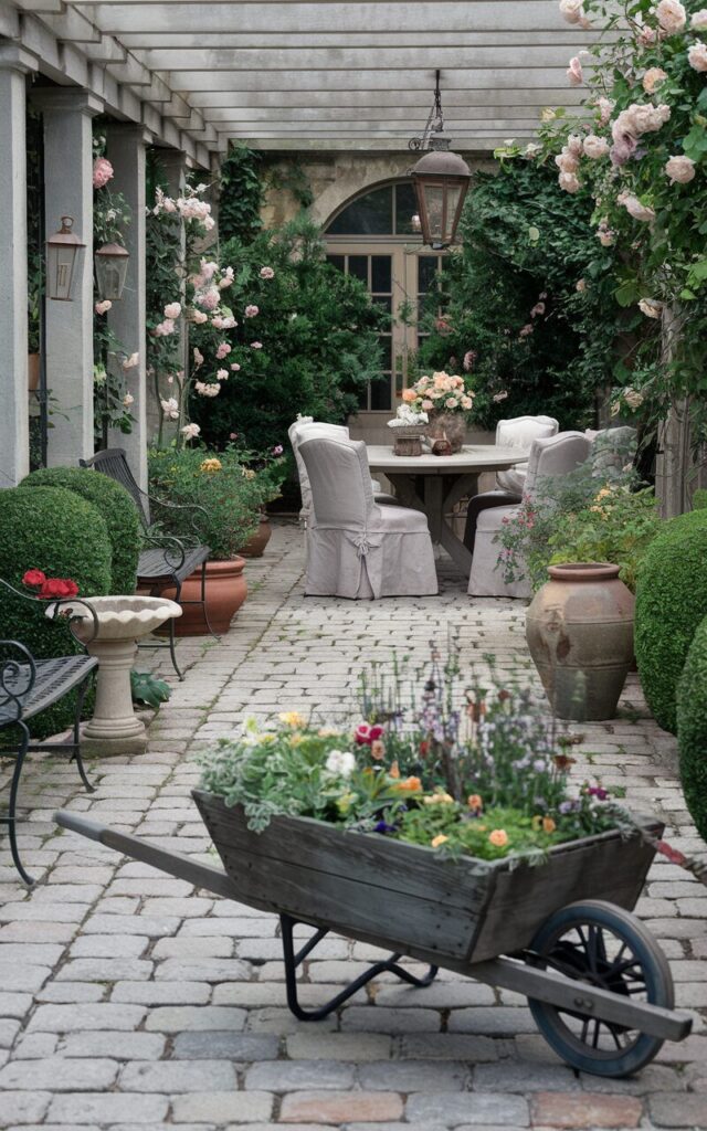 A photo of a vintage traditional fully furnished backyard. There is a weathered wooden wheelbarrow planter overflowing with vibrant annuals. A cobblestone path lined with wrought-iron benches, potted roses, and a small stone birdbath leads deeper into the backyard. The dining area, shaded by a classic pergola, is furnished with a sturdy wooden table, linen-covered chairs, and vintage lanterns. Ornamental shrubs, climbing roses, and aged terracotta pots complete the old-world, storybook atmosphere.