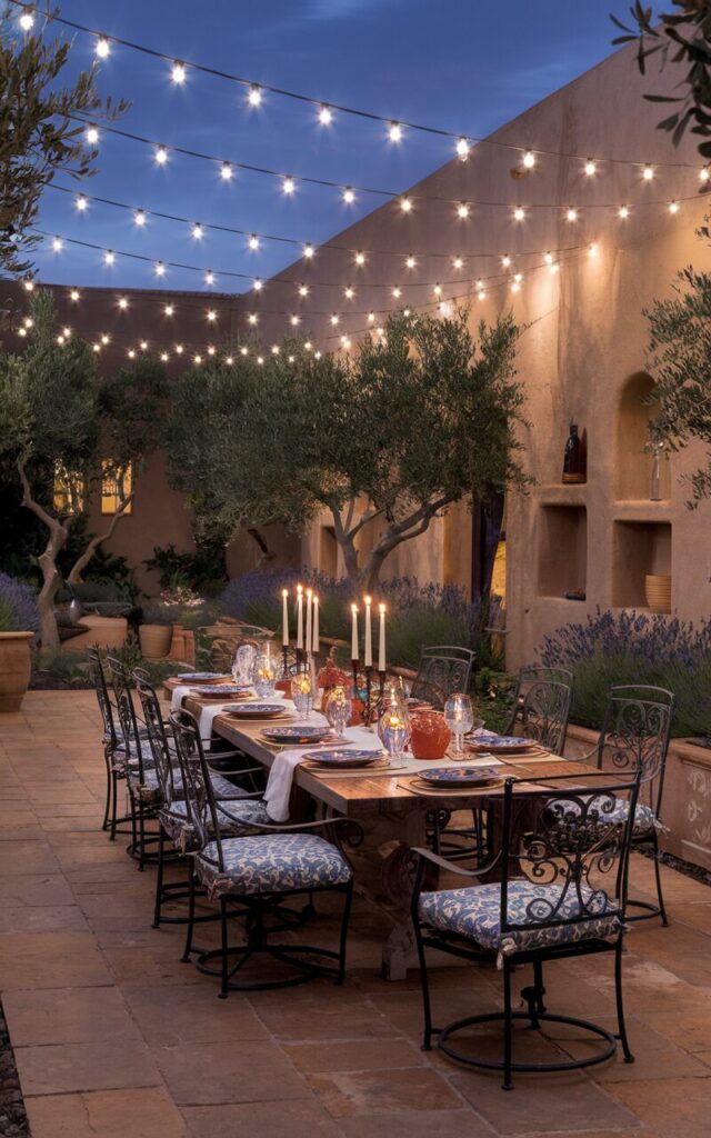 A photo of a Mediterranean-Spanish style backyard at night with a rustic outdoor dining area. The dining area has a long wooden table set with colorful ceramic plates, wine glasses, and taper candles. The table is draped with a white cloth. Overhead, glowing string lights are draped, casting a golden hue over the scene. The floor is made of terracotta tiles. The walls are made of stucco and have arched niches. The space is surrounded by olive trees and potted lavender. The chairs are wrought iron and have patterned cushions. The mood is festive, cozy, and perfect for a summer night feast under the stars.