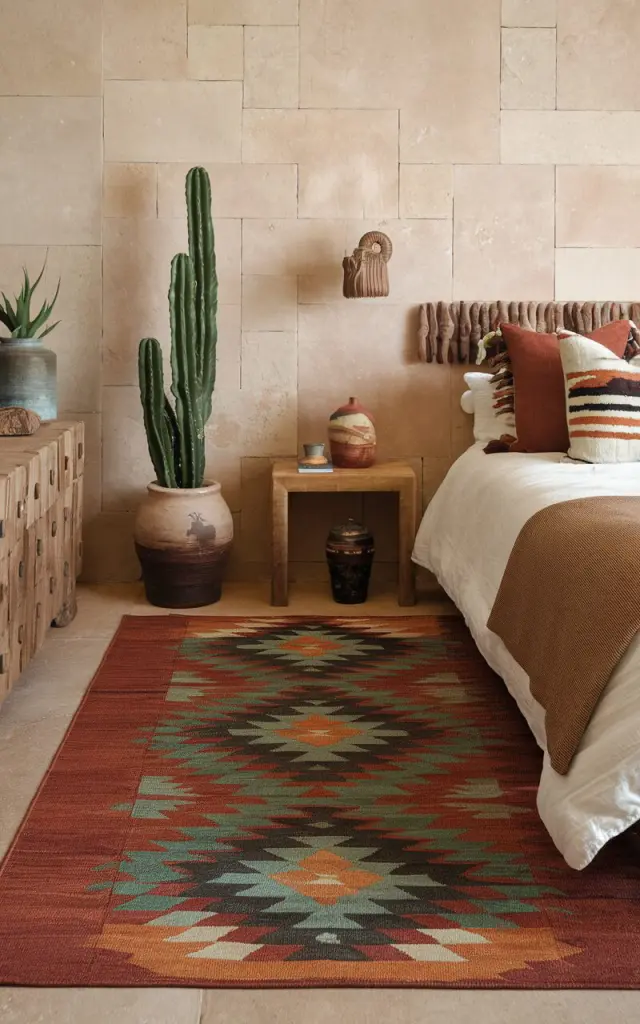 A photo of a warm and stylish Southwestern chic bedroom. The room features a bold, patterned area rug with earthy tones like terracotta, deep turquoise, and sandy beige. The rug sits beneath the bed, extending outward to frame the space and tie everything together. Its tribal-inspired design adds instant personality and visual depth. Around the room, beige tiled walls contrast with rustic wood furniture, cactus plants in a ceramic pot, and leather or suede accents. Throw pillows and blankets echo the rug’s palette. The vibrant rug grounds the space with Southwestern soul while keeping the vibe polished and modern.