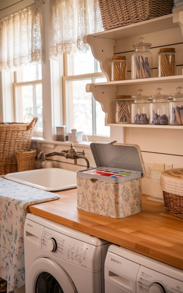 A photo of a warm, cottagecore-inspired laundry room with soft afternoon light streaming through lace-curtained windows. A vintage floral cookie tin with a hinged lid sits charmingly on a butcher block countertop, discreetly filled with colorful detergent pods. Surrounding it are essential laundry items: a white enamel basin, wicker baskets, a floral ironing board cover, and a shelf lined with glass jars of clothespins and lavender sachets. The washer and dryer are nestled inside white shiplap cabinetry with antique-style brass handles. The photo focuses on the tin.