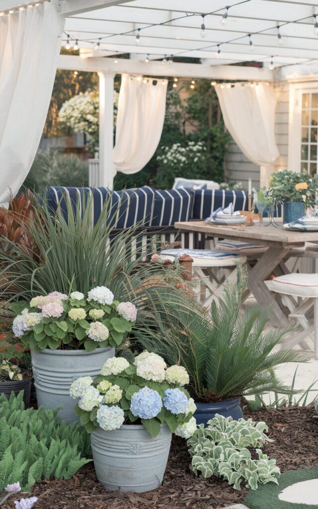 A photo of a charming Americana and coastal-style backyard. There are potted plants of various sizes and heights, filled with flowering hydrangeas, grasses, ferns, and dwarf palms. The ground is layered with creeping thyme, lamb's ear, and mulch. In the background, a white pergola shades a navy-striped lounge set, and a rustic wooden dining table is set with coastal-themed dinnerware. Breezy white curtains sway in the breeze, and string lights drape overhead. The overall scene is warm, inviting, and effortlessly American seaside.