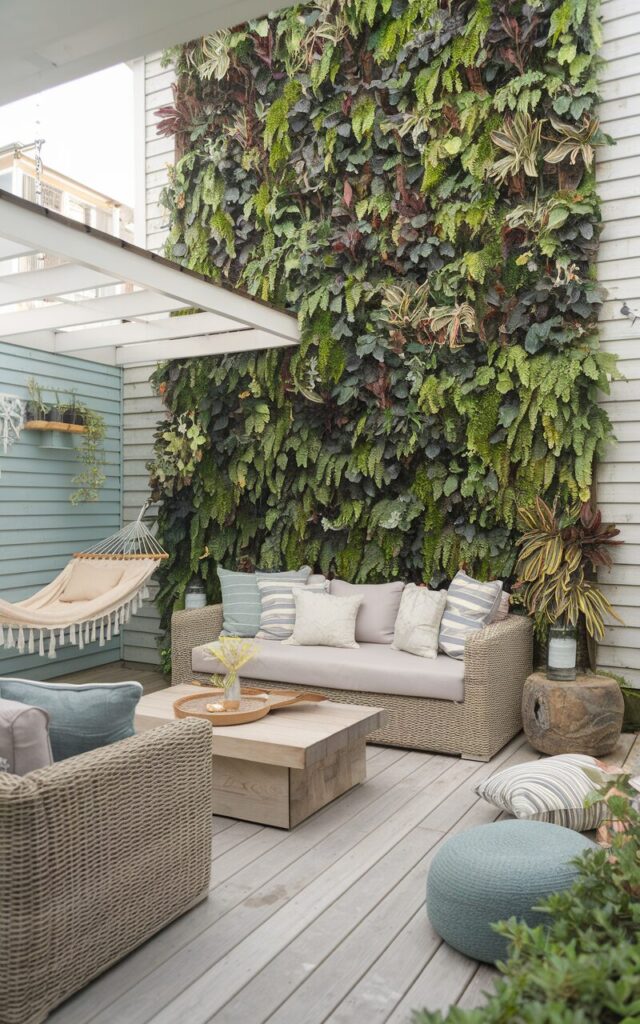 A photo of an alpine chic and coastal backyard patio with a small vertical garden wall filled with lush greenery. The wall serves as a natural focal point and a privacy element. The space includes a cozy lounge area with wicker sofas, soft cushions, and a low wooden coffee table. There's also a hammock in a shaded nook. The light-toned wooden decking, coastal-inspired textiles, and accents of stone and rope blend alpine freshness with breezy seaside charm, creating a tranquil yet stylish outdoor haven.
