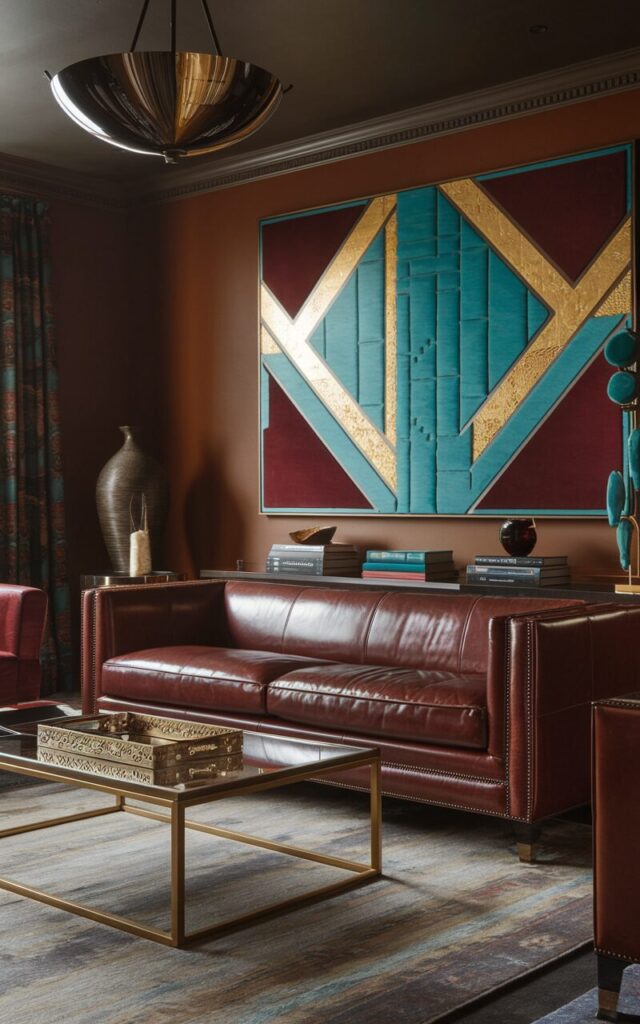 A photo of an Art Deco style living room with a sleek leather couch as the centerpiece. The couch is flanked by a stylish coffee table with a gold frame and a decorative tray. There's a plush area rug on the floor. The walls are painted in a rich, moody tone. A statement pendant light hangs from the ceiling. The room also features a sculptural vase, art books, and a bold, colorful wall art with geometric patterns in turquoise, gold, and deep red.