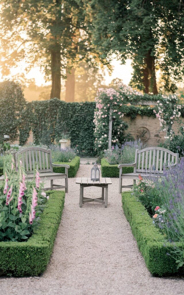 A photo of an English countryside backyard garden. There's a charming gravel path running through the center, framed with low, manicured boxwood hedges. On either side of the path are blooming flower beds with foxgloves, lavender, and wild roses. The garden features two rustic wooden benches and a coffee table with a vintage lantern. Ivy climbs a stone wall in the background. Soft golden sunlight filters through mature trees, and a small pergola draped with climbing roses stands nearby. The overall scene feels peaceful, romantic, and intentionally curated with a lived-in charm.