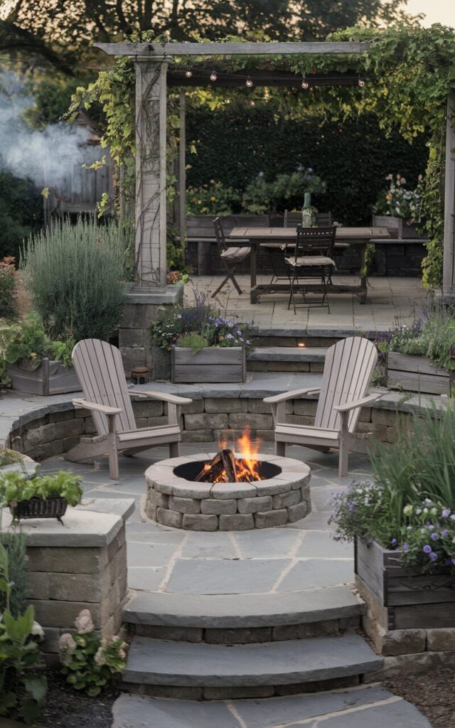 A photo of a rustic backyard in an English countryside setting. There's a multi-level layout with a cozy stone nook at the lower level. Two classic Adirondack chairs in soft weathered wood are arranged around a circular stone firepit. Gentle wisps of smoke drift upward as warm firelight flickers off nearby garden walls. A few flagstone steps lead down from the higher dining terrace, where an antique wooden table and bistro chairs await under a pergola draped in vines. Around the firepit, planters spill over with herbs and blooms, while string lights subtly frame the space. The scene is peaceful, layered, and ready for slow evenings under the stars.