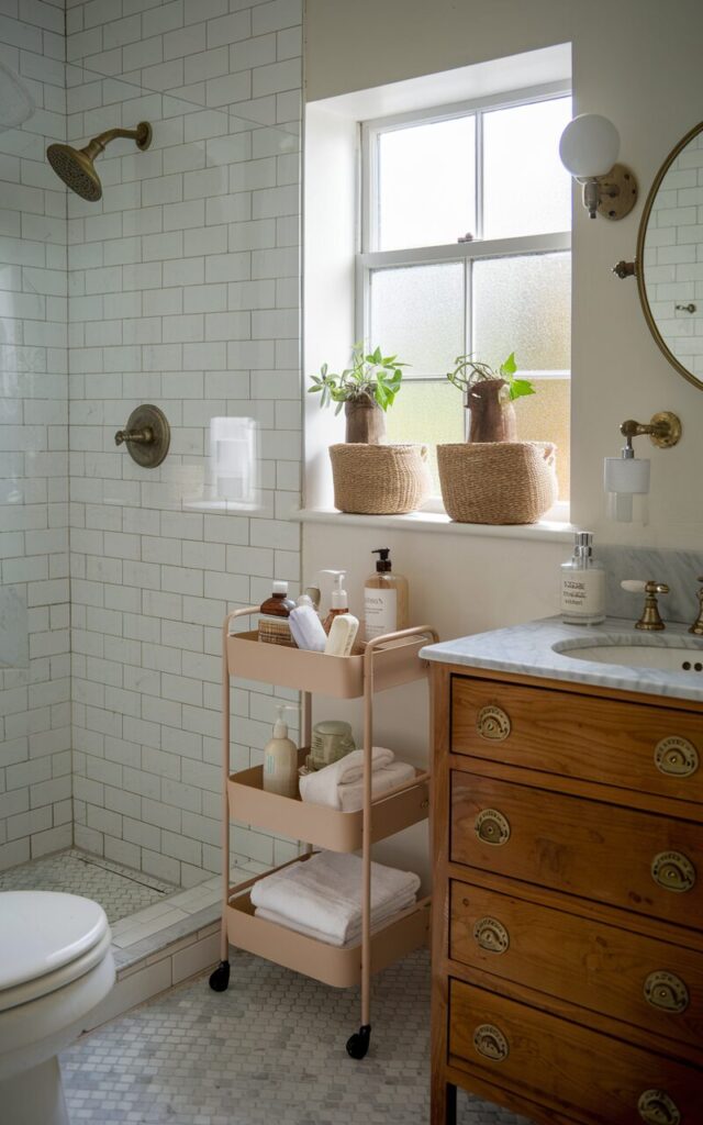 A photo of a small English countryside bathroom with a classic design. There is a slim 2-tier rolling cart placed between the vanity and toilet, filled with bathing essentials like soaps, lotions, and neatly folded towels. The bathroom features white subway tiles in the shower area, a wooden vanity with a marble countertop, and vintage brass fixtures. There is a small frosted window that allows soft natural light to enter, highlighting the woven baskets, potted greenery, and subtle decorative accents. The overall bathroom is charming, functional, and organized.