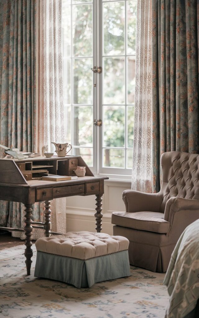 A photo of an English countryside-style home office tucked into a cozy bedroom. There's a vintage wooden desk with turned legs near a tall window, bathed in soft natural light. Beneath the desk, a plush upholstered footrest rests atop a floral-patterned area rug. A tufted armchair with a high back and rolled arms is placed beside the desk. Delicate lace curtains flutter lightly. A ceramic teacup with stationery sits on the desk. The room has a vintage and rustic charm.