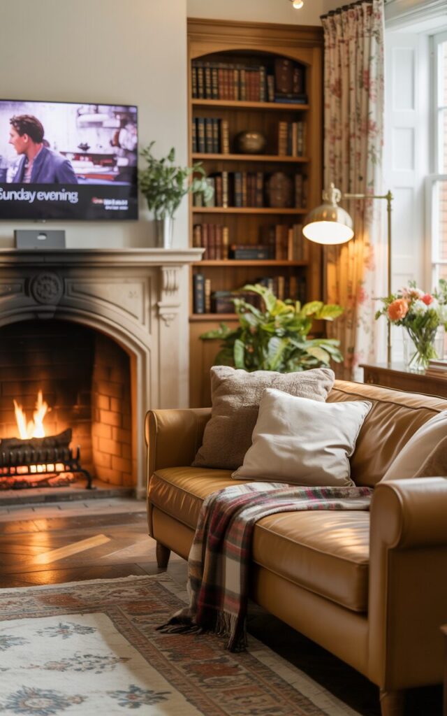 A photograph of a beige leather couch positioned in front of a grand stone fireplace, creating a scene of ultimate coziness. The couch is adorned with a soft plaid throw blanket and several plush cushions, facing a crackling fire in the hearth. Above the mantel, a flat-screen TV is mounted displaying "Sunday Evening", while a wooden bookshelf filled with leather-bound books and a brass floor lamp cast a warm glow across the room, enhanced by daylight streaming through floral drapes. Potted greenery and a small vase of fresh flowers add a touch of life, completing the inviting English countryside living room.