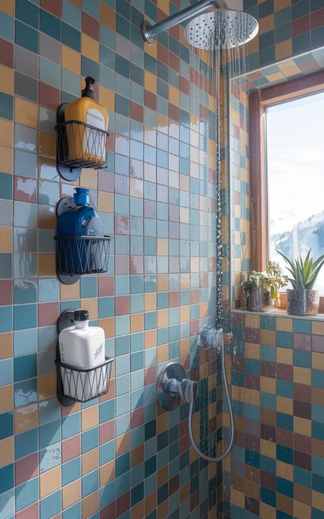 A photo of an alpine chic modern shower area, featuring suction cup holders attached to the tiles holding shampoo, conditioner, and body wash bottles. The shower has colorful zellige tiles on the walls, a rainfall showerhead with water splashing, and a window sill adorned with small potted plants. Natural light streams through the window, reflecting off the tiles and creating a fresh, spa-like vibe. The overall design blends modern functionality with rustic alpine charm, keeping the shower organized and visually appealing.