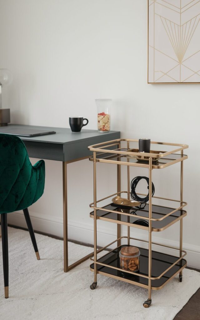 A photo of an art deco and minimalistic home office setup. There's a sleek rolling cart with brushed brass accents and black glass shelves, holding charging cords coiled neatly in a tray, a ceramic coffee cup, and a small jar of snacks. The cart is tucked beside a modern desk. The desk and the rolling cart are placed on a white rug. There's a velvet accent chair in emerald green near the desk. A minimalist wall art piece with geometric gold detailing hangs on the wall. The overall palette is refined—white, black, gold, and deep green.