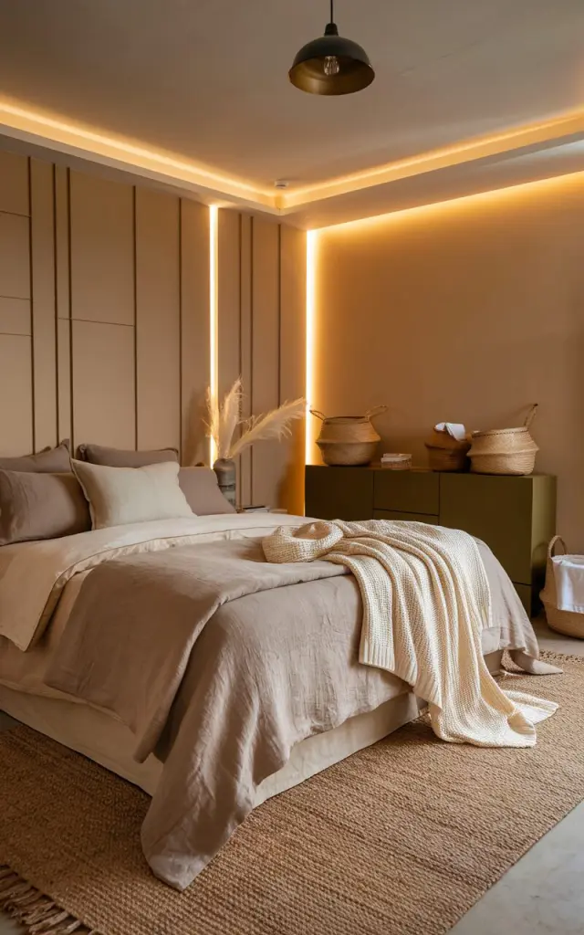 A photo of an earthy, cozy bedroom with a bed dressed in high-quality neutral bedding. The bed has stone-washed linen sheets in warm beige, a soft taupe duvet, and ivory knit throws. The room is grounded by a deep olive accent cabinet, creamy panelled beige walls with LED strip lights, and a few woven baskets with towels. A jute rug lies beneath the bed, and warm ambient lighting casts a golden glow. Recessed ceiling with a pendant light. The overall feel is serene and grounded, where simplicity meets organic sophistication. Natural light is soft, ambient.