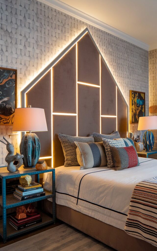 A photo of an eclectic bedroom with a mix of patterns, artwork, and vintage-meets-modern decor. The bed is anchored by a bold, upholstered or DIY headboard with warm LED strip lights glowing softly behind it, creating a dreamy halo effect. The lighting adds depth and an unexpected modern twist to the otherwise layered, collected space. Around the room, mismatched nightstands hold quirky lamps, stacked books, and sculptural decor. The walls are adorned with mild geometric wallpaper.
