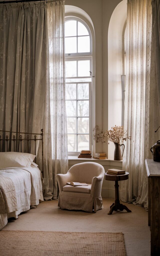 A photo of an inviting English countryside bedroom with tall, arched windows draped with delicate sheer curtains in white or cream. The room has a vintage iron headboard, a cozy reading nook with an armchair, a small antique side table, and a stack of worn books. There is a wool rug on the floor and dried flowers in a ceramic jug on the windowsill. The room has a warm, nostalgic, and storybook charm.