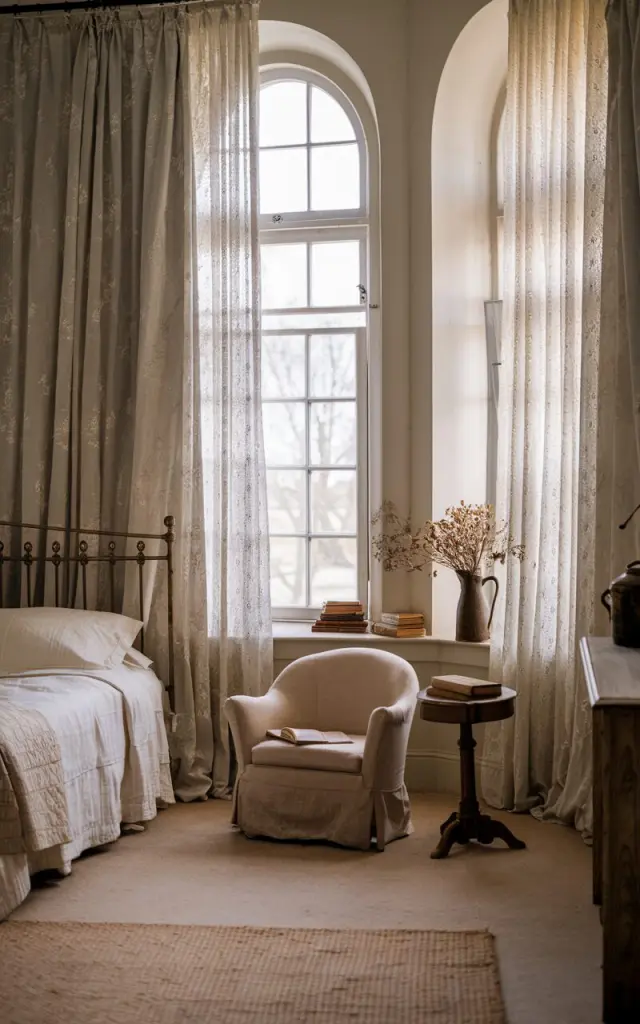 A photo of an inviting English countryside bedroom with tall, arched windows draped with delicate sheer curtains in white or cream. The room has a vintage iron headboard, a cozy reading nook with an armchair, a small antique side table, and a stack of worn books. There is a wool rug on the floor and dried flowers in a ceramic jug on the windowsill. The room has a warm, nostalgic, and storybook charm.