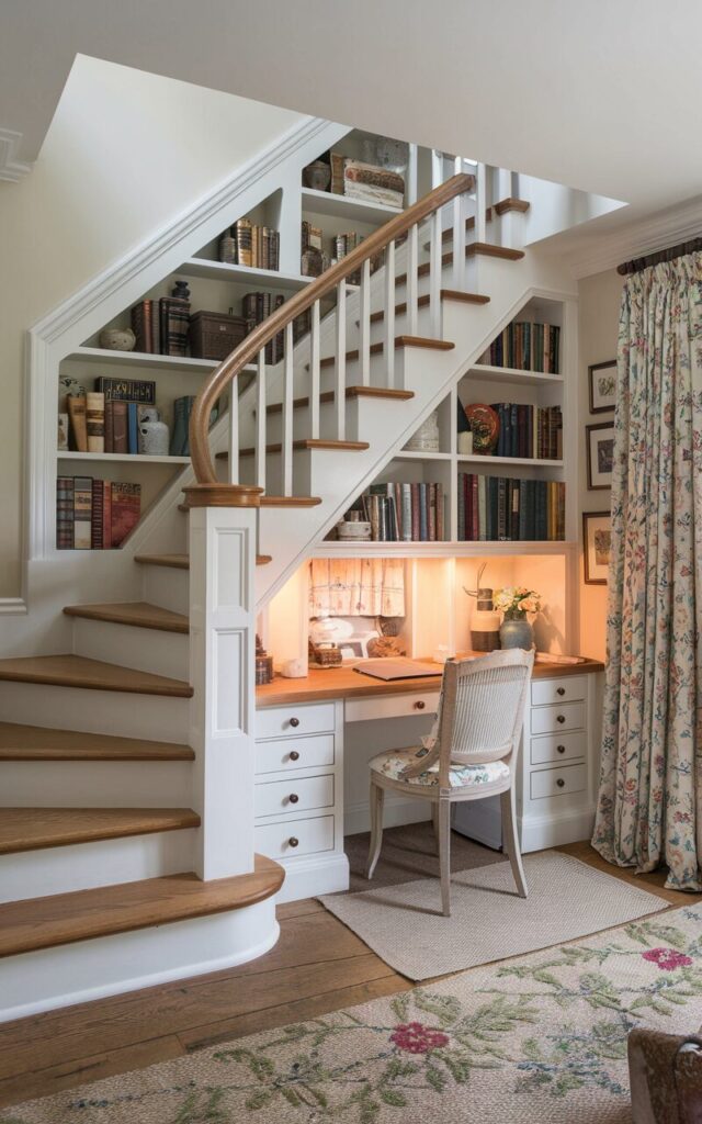 A photo of an English countryside-style home with a staircase featuring a 2-tier built-in bookcase integrated into the side wall. The bookcase is filled with classic novels, pottery, and vintage knick-knacks. The staircase has oak treads and white risers. Underneath the stairs, there is a cozy home office nook furnished with a wooden desk, a comfortable chair, and soft task lighting. The space is styled with floral curtains, woven rugs, and rustic accents, creating a charming, functional corner full of countryside warmth and character.