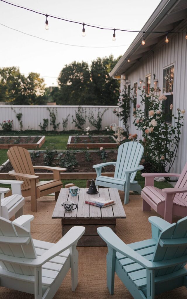 An open rustic backyard patio with a lounge area, featuring a sturdy wooden coffee table and mismatched weatherproof chairs in natural wood and painted pastel finishes. There is a vintage coffee mug, cups, and a few books on the table. Overseeing the lounge area is a garden with garden beds and climbing roses. Overhead, a simple string of warm Edison bulbs casts a gentle evening glow. The patio is an extension of the house.