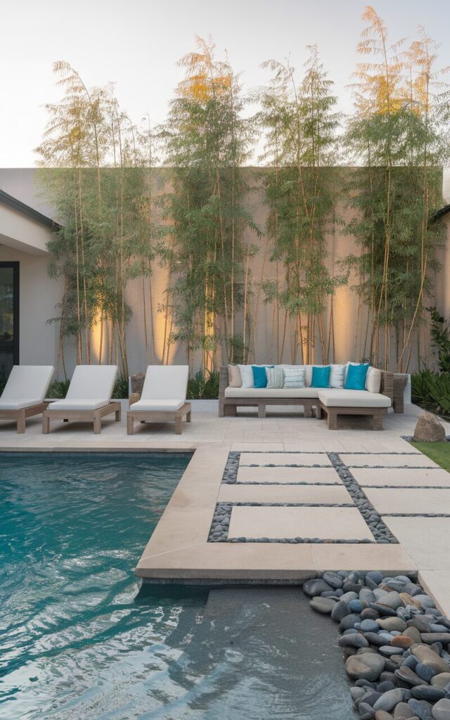 A photo of a modern California coastal backyard patio with a Zen twist. The patio is framed by tall, lush bamboo screens that sway gently in the breeze, offering natural privacy without feeling enclosed. The patio opens out to a sparkling swimming pool, whose turquoise water reflects the golden sunlight. Low teak loungers with crisp white cushions sit poolside, while a shaded seating area features a sleek sectional with coastal blue and sandy beige throw pillows. Natural stone pavers lead from the house to the water's edge, interspersed with smooth river rocks for a Zen touch. Subtle uplighting behind the bamboo creates a soft, calming glow in the evenings, blending tropical tranquility with breezy coastal charm.