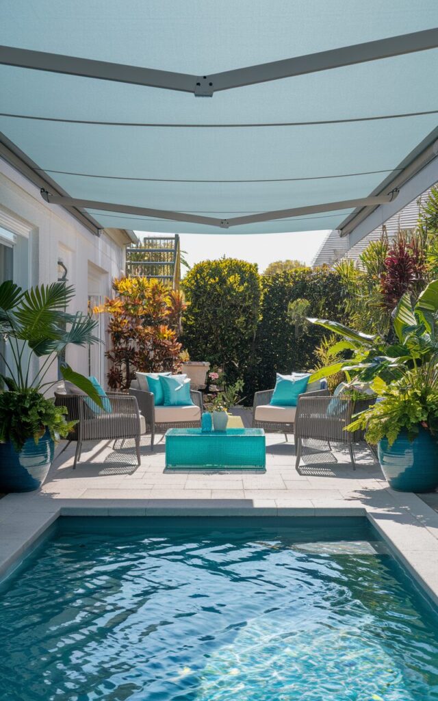 A photo of a backyard patio with a small swimming pool. There is a sleek retractable awning above the patio, which provides adjustable shade on sunny days. The patio is fully furnished with weather-resistant lounge chairs, a low glass-top coffee table, and soft outdoor cushions in cool, aquatic tones. Potted tropical plants frame the poolside, adding a lush touch. The retractable awning's clean lines complement the modern yet relaxed atmosphere. The shimmering pool reflects sunlight, creating a refreshing and inviting retreat perfect for both relaxation and entertaining.