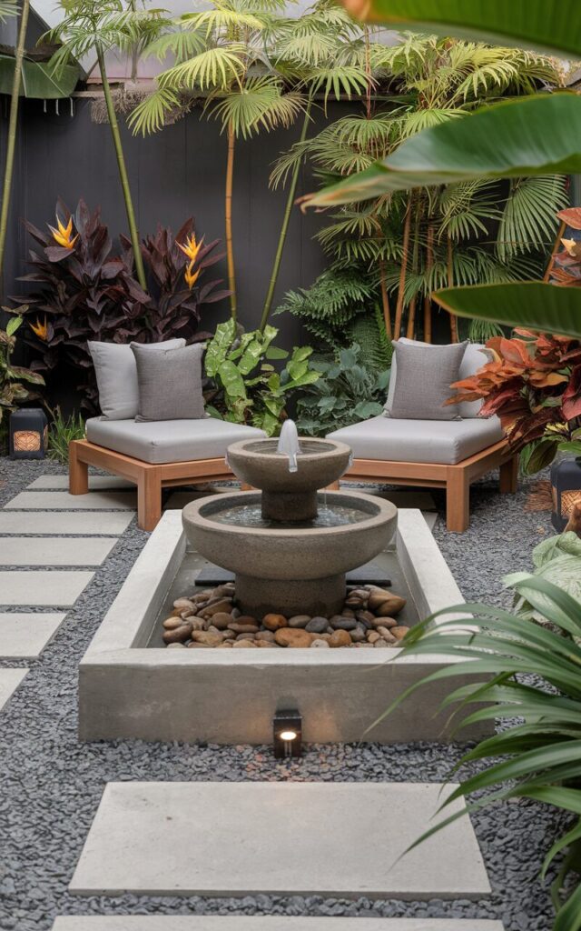 A photo of a Balinese-modern Japandi backyard patio with a serene lounge and lush garden. The focal point is a minimalist bubbling 2-tier fountain with a shallow stone basin and smooth river rocks. Two low teakwood lounge chairs with neutral linen cushions are arranged around the water feature. The patio is framed by tropical plants like bird-of-paradise, bamboo, and ferns, and a gravel pathway leads to the seating area. Soft, diffused lighting from lanterns and concealed ground lights enhances the tranquil ambiance.