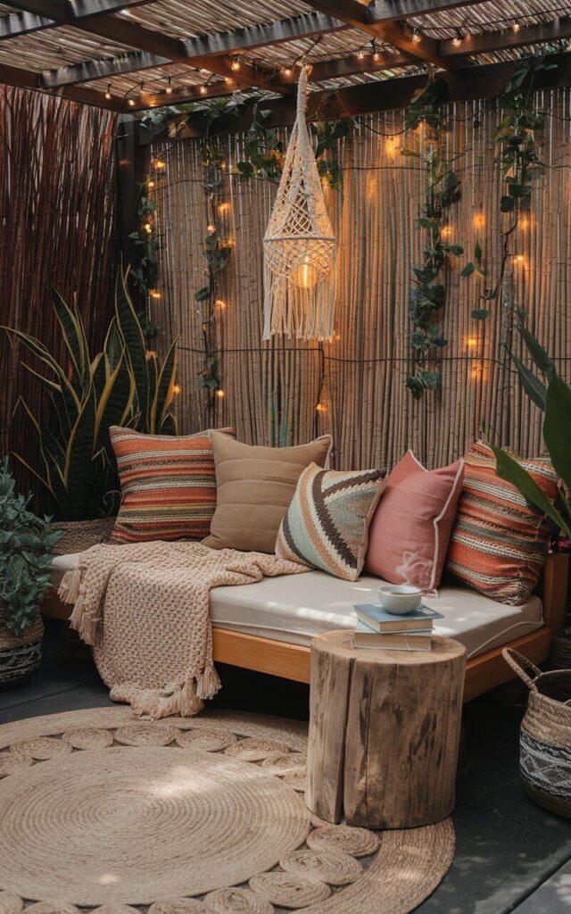 A photo of a boho-chic backyard patio with a cozy reading nook. There's a low wooden daybed layered with mismatched, colorful cushions in earthy tones, bold patterns, and soft textures. Lightweight cotton throws and chunky knitted blankets are draped casually over the seating for a relaxed, inviting feel. A round jute rug anchors the nook, while a small distressed wood side table holds a stack of books and a steaming cup of tea. Overhead, a macramé hanging light casts a warm glow, and potted plants in woven baskets surround the space, creating a lush and intimate atmosphere. The backdrop features a bamboo screen and cascading fairy lights.