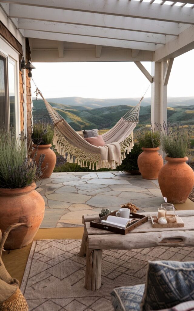 A photo of a coastal-alpine chic backyard patio attached to a house. The patio features a hammock strung between two sturdy, whitewashed wooden posts. The patio floor is a mix of natural stone and warm-toned decking. A cozy throw blanket and oversized knit cushions rest in the hammock. Surrounding the space are large terracotta pots filled with lavender, grasses, and small evergreens. A driftwood coffee table sits nearby with a tray of books and hot cocoa mugs. The backdrop showcases panoramic views of rolling hills, giving the space a serene, getaway vibe.