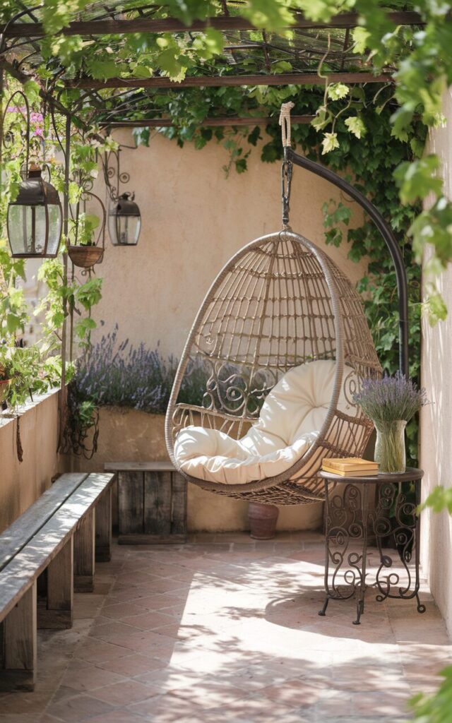 French country backyard patio with a charming shaded corner featuring a suspended hammock chair made of woven rattan with soft, cream-colored cushions. The chair gently sways under the dappled shade of an overhanging grapevine-covered trellis. Nearby, a small wrought-iron side table holds a vase of freshly picked lavender and a book with golden cover. The patio floor is laid with rustic terracotta tiles, complemented by weathered wooden benches and vintage lanterns hanging from wrought-iron hooks. Soft sunlight filters through the leaves, creating a peaceful nook that invites long, lazy afternoons spent daydreaming or sipping sweet herbal tea in true Provençal style.
